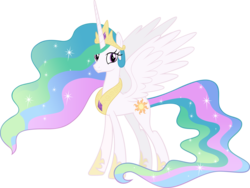 Size: 8239x6196 | Tagged: safe, artist:andoanimalia, princess celestia, alicorn, pony, g4, absurd resolution, ethereal mane, female, jewelry, looking at you, mare, regalia, simple background, smiling, solo, spread wings, starry mane, transparent background, wings