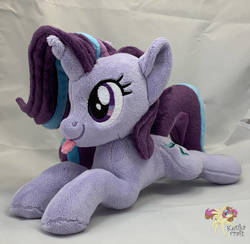 Size: 900x880 | Tagged: safe, artist:ketika, starlight glimmer, pony, unicorn, g4, :p, female, irl, lying down, mare, photo, plushie, prone, silly, smiling, solo, tongue out