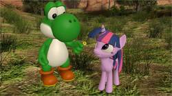 Size: 1607x903 | Tagged: safe, artist:daniotheman, twilight sparkle, alicorn, dinosaur, pony, yoshi, g4, 3d, crossover, crossover shipping, flower, gmod, nintendo, shipping, super mario bros., twilight sparkle (alicorn), yoshilight