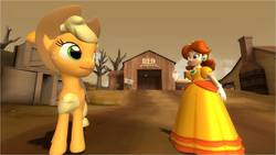 Size: 1600x900 | Tagged: safe, artist:daniotheman, applejack, earth pony, human, pony, g4, 3d, apple daisy, crossover, gmod, nintendo, princess daisy, super mario bros.