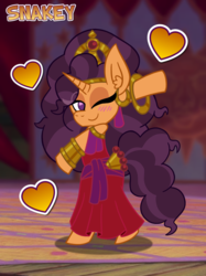Size: 768x1028 | Tagged: safe, artist:snakeythingy, saffron masala, g4, clothes swap, crossover, dancing, disney, esmeralda (the hunchback of notre dame), heart, looking at you, one eye closed, the hunchback of notre dame, wink