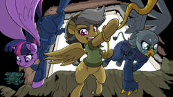 Size: 4800x2700 | Tagged: safe, artist:latecustomer, daring do, gabby, twilight sparkle, alicorn, griffon, pegasus, pony, fanfic:ranger, g4, armor, clothes, commission, drone, fanfic, fanfic art, fanfic cover, female, flying, frown, glare, gremlin (x-com), looking down, mare, open mouth, raised eyebrow, rope, serious, serious face, smiling, smirk, spread wings, twilight sparkle (alicorn), uniform, wanderer d, wings, x-com, xcom 2