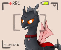 Size: 1024x846 | Tagged: safe, artist:atomfliege, oc, oc only, oc:dragi, changeling, angry, camera, camera shot, changeling oc, collar, looking at you, recording, red changeling, simple background, solo, teeth