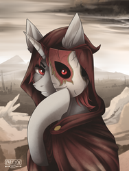 Size: 3000x4000 | Tagged: safe, artist:sparklyon3, oc, oc only, pony, unicorn, rcf community, bust, cloak, clothes, commission, desert, male, mask, portrait, solo