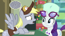 Size: 1280x720 | Tagged: safe, edit, edited screencap, editor:korora, screencap, derpy hooves, rarity, pony, g4, my little pony best gift ever, angry, dialogue, hat, hearth's warming decorations, implied apple bloom, implied scootaloo, implied sweetie belle, mailmare hat, mailpony uniform, peytral, speech bubble, sunglasses, winter hat