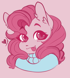 Size: 1280x1423 | Tagged: safe, artist:salty-irish-potato, pinkie pie, earth pony, anthro, :p, blushing, bust, clothes, cute, diapinkes, ear fluff, female, heart, mare, pink background, portrait, silly, simple background, solo, tongue out