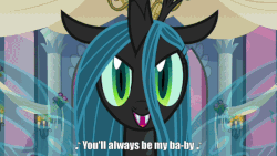 Size: 640x360 | Tagged: safe, edit, edited screencap, screencap, queen chrysalis, changeling, changeling queen, a canterlot wedding, g4, always be my baby, animated, baby, caption, female, image macro, male, mariah carey, mother, mother and son, solo, son, song, song reference, text