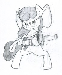 Size: 780x940 | Tagged: safe, artist:php87, apple bloom, earth pony, pony, g4, adorabloom, angry, bipedal, bow, cute, female, filly, hair bow, hoof hold, looking at you, monochrome, pest control gear, simple background, solo, twitbuster apple bloom, white background