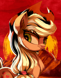 Size: 2050x2610 | Tagged: safe, artist:kaleido-art, applejack, earth pony, pony, g4, abstract background, badass, chest fluff, cowboy hat, crossover, ear fluff, female, frown, glare, hat, high res, lidded eyes, mare, mountain, red dead redemption, red dead redemption 2, solo, stetson, straw in mouth, style emulation, sunset, video game crossover