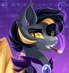 Size: 3287x3449 | Tagged: safe, artist:airiniblock, oc, oc only, bat pony, pony, rcf community, armor, bat pony oc, cigarette, commission, eye clipping through hair, high res, looking at you, male, night guard, smoking, solo