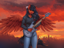 Size: 1483x1100 | Tagged: safe, artist:margony, oc, oc only, oc:star spicer, pegasus, anthro, anthro oc, bass guitar, breasts, clothes, commission, female, hips, jacket, jeans, musical instrument, pants, solo, wings