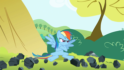Size: 1920x1080 | Tagged: safe, screencap, rainbow dash, pony, g4, maud pie (episode), crossed hooves, female, mare, pouting, rainbow dash is not amused, rock, rock candy, sitting, solo, spread wings, unamused, wings