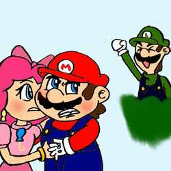Size: 679x679 | Tagged: safe, artist:sonasnas, pinkie pie, human, g4, angry, blushing, bush, cheering, crossover, crossover shipping, embarrassed, eyes closed, fist pump, frown, glare, gritted teeth, holding hands, humanized, looking back, luigi, male, mario, mariopie, shipper on deck, shipping, simple background, super mario bros., white background