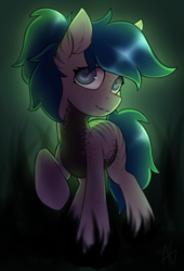 Size: 1700x2500 | Tagged: safe, alternate version, artist:argigen, oc, oc only, oc:mystic harmony, hybrid, pony, zony, rcf community, blue mane, blue tail, body freckles, creepy, creepy smile, dark belly, ear markings, female, freckles, looking at you, mare, reverse countershading, shadows, shaman, shrunken pupils, smiling, solo, stripes, tail