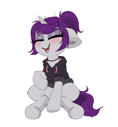 Size: 1723x1852 | Tagged: safe, artist:confetticakez, oc, oc only, oc:wicked silly, pony, unicorn, blushing, choker, clothes, cute, eyes closed, female, gift art, hoodie, jewelry, laughing, mare, necklace, ponytail, simple background, sitting, solo, white background