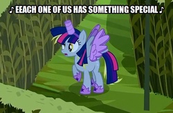 Size: 494x324 | Tagged: safe, edit, edited screencap, screencap, derpy hooves, pony, g4, scare master, alicorn costume, caption, clothes, corn maze, costume, cropped, fake horn, fake wings, female, image macro, let the rainbow remind you, maze, nightmare night costume, singing, solo, song, text, toilet paper roll horn, twilight muffins, twilight sparkle costume, wig, wings