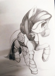 Size: 2737x3729 | Tagged: safe, artist:ponsce, earth pony, pony, armor, beatrix, eyepatch, female, final fantasy, final fantasy ix, high res, mare, monochrome, ponified, solo, traditional art