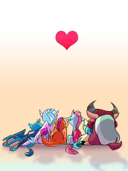 Size: 1500x2000 | Tagged: safe, artist:stevetwisp, gallus, ocellus, sandbar, silverstream, smolder, yona, changedling, changeling, classical hippogriff, dragon, griffon, hippogriff, pony, yak, cuddling, featured image, female, heart, implied gallstream, implied shipping, implied yonabar, male, rear view, simple background, sitting, student six, teenager
