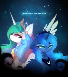 Size: 1800x2059 | Tagged: safe, artist:magnaluna, princess celestia, princess luna, alicorn, pony, g4, season 9, chest fluff, colored pupils, cute, cutelestia, duo, eyebrows, eyebrows visible through hair, female, heart eyes, lunabetes, mare, profile, royal sisters, siblings, sisters, teary eyes, wingding eyes