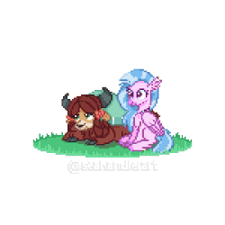 Size: 600x600 | Tagged: safe, artist:seahandlerart, silverstream, yona, butterfly, classical hippogriff, hippogriff, yak, g4, animated, bow, butterfly on nose, cloven hooves, cute, diastreamies, duo, female, grass, hair bow, insect on nose, monkey swings, pixel art, simple background, sprite, white background, yonadorable