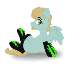 Size: 4584x4091 | Tagged: safe, artist:maximkoshe4ka, oc, oc only, oc:jasper (ice1517), pegasus, pony, icey-verse, blank flank, clothes, cute, magical lesbian spawn, male, next generation, offspring, parent:lightning dust, parent:limestone pie, parents:limedust, simple background, socks, solo, stallion, tongue out, trans male, transgender, transparent background, ych result