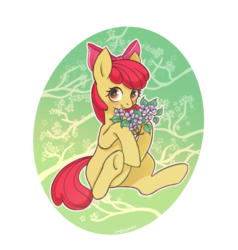 Size: 800x840 | Tagged: safe, artist:mooshkaowo, apple bloom, earth pony, pony, g4, adorabloom, branches, cute, female, filly, flower, hoof hold, looking at you, simple background, sitting, smiling, solo, transparent background, underhoof