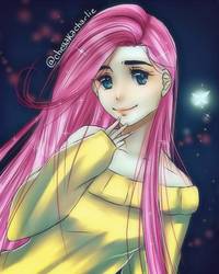 Size: 612x765 | Tagged: safe, artist:shaeleen, fluttershy, human, g4, clothes, cute, female, heart eyes, humanized, off shoulder, shyabetes, solo, sweater, sweatershy, wingding eyes