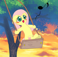 Size: 871x848 | Tagged: dead source, safe, artist:田中やすよ, fluttershy, pony, g4, blushing, cute, female, floppy ears, music notes, open mouth, shyabetes, sitting, solo, swing, swinging, tree