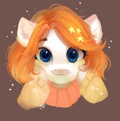 Size: 815x823 | Tagged: safe, artist:sofiko-ko, oc, oc only, pony, bust, clothes, cute, ethereal mane, lineless, looking at you, ocbetes, portrait, smiling, solo, starry mane, stars, sweater