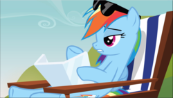 Size: 1669x941 | Tagged: safe, screencap, rainbow dash, pegasus, pony, g4, too many pinkie pies, beach chair, chair, cutie mark, exhausted, female, holding, lidded eyes, mare, raised hoof, reclining, solo, sunbathing, sunglasses, tanning mirror