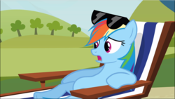 Size: 1670x941 | Tagged: safe, screencap, rainbow dash, pegasus, pony, g4, too many pinkie pies, beach chair, belly, chair, chubby, female, lying down, mare, open mouth, reclining, solo, sunbathing, sunglasses