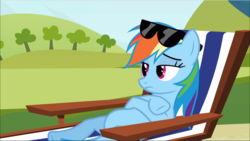Size: 1668x941 | Tagged: safe, screencap, rainbow dash, pegasus, pony, g4, too many pinkie pies, beach chair, belly, chair, chubby, crossed hooves, female, lidded eyes, lying down, mare, raised eyebrow, reclining, solo, sunbathing, sunglasses