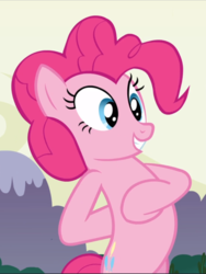 Size: 708x940 | Tagged: safe, screencap, pinkie pie, earth pony, pony, g4, too many pinkie pies, bipedal, cropped, female, hoof on chest, hooves behind back, mare, smiling, solo