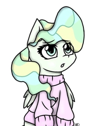 Size: 510x680 | Tagged: dead source, safe, artist:_pastelpony_, vapor trail, pegasus, pony, g4, clothes, cute, eye clipping through hair, female, mare, simple background, solo, sweater, vaporbetes, white background