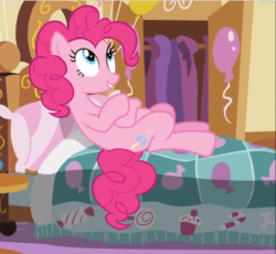 Size: 790x727 | Tagged: safe, screencap, pinkie pie, earth pony, pony, g4, too many pinkie pies, bed, bedroom, cropped, cute, cutie mark, diapinkes, female, hooves together, looking up, lying down, lying on bed, mare, smiling, solo