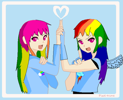 Size: 552x451 | Tagged: source needed, safe, artist:lokel50, artist:pixel-hime, edit, rainbow dash, rainbow dash (g3), human, g4, anime style, base used, cutie mark on clothes, female, heart, humanized, smiling, winged humanization, wings