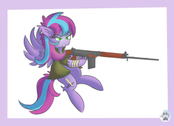 Size: 3500x2532 | Tagged: safe, artist:lycania29, oc, oc only, pegasus, pony, fallout equestria, clothes, fallout, fallout 4, female, fn fal, gun, high res, request, simple background, solo, weapon