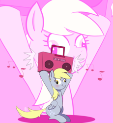 Size: 1496x1624 | Tagged: safe, artist:feralroku, derpy hooves, pegasus, pony, g4, blushing, boombox, female, music notes, sitting, solo, zoom layer