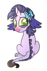 Size: 1000x1500 | Tagged: safe, artist:carouselunique, oc, oc only, oc:miracle, dracony, hybrid, miracleverse, bow, female, filly, hair bow, interspecies offspring, looking back, offspring, parent:rarity, parent:spike, parents:sparity, red nosed, simple background, solo, transparent background