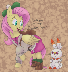 Size: 1668x1745 | Tagged: safe, artist:itoruna-the-platypus, angel bunny, fluttershy, pegasus, pony, scorbunny, g4, clothes, cosplay, costume, cute, dialogue, dress, duo, female, male, mare, open mouth, pokefied, pokemon sword and shield, pokémon, shyabetes, skirt