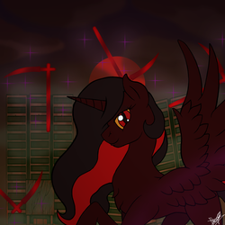 Size: 2000x2000 | Tagged: safe, artist:devorierdeos, oc, oc only, oc:blood moon, alicorn, pony, fallout equestria, game: fallout equestria: remains, alicorn oc, artificial alicorn, boss, fanfic, fanfic art, female, high res, hooves, horn, magical scythe, mare, scythe, solo, spread wings, wings, yellow sclera