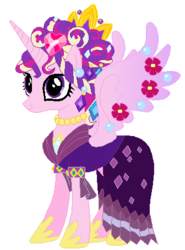 Size: 336x454 | Tagged: safe, artist:glittertiara, artist:selenaede, edit, princess cadance, alicorn, pony, g4, alternate hairstyle, base used, ceremonial headdress, clothes, crown, dress, female, flower, jewelry, necklace, regalia, simple background, solo, spread wings, white background, wings