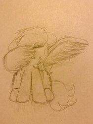 Size: 3024x4032 | Tagged: safe, artist:redcrow32, oc, oc only, oc:filly anon, pegasus, pony, dab, eyes closed, female, filly, question mark, sitting, sketch, traditional art, wide hips, wing dab, wing hands, wings