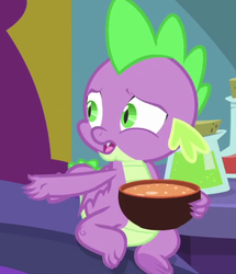 Size: 503x584 | Tagged: safe, screencap, spike, dragon, ail-icorn, g4, spoiler:interseason shorts, baby, baby dragon, bowl, claws, cropped, food, male, solo, soup, tail, underfoot, winged spike, wings