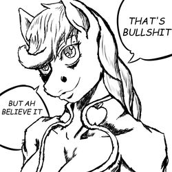 Size: 1024x1024 | Tagged: safe, artist:korencz11, applejack, anthro, g4, black and white, breasts, cleavage, giorno giovanna, grayscale, jojo's bizarre adventure, lineart, monochrome, reaction image, simple background, sketch, vento aureo, white background