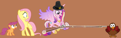 Size: 4524x1436 | Tagged: safe, artist:hubfanlover678, fluttershy, princess cadance, scootaloo, pony, turkey, g4, gun, hat, musket, out of character, pilgrim hat, this will end in dinner, weapon