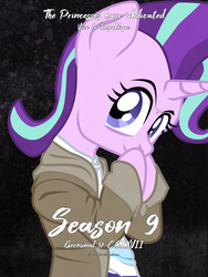 Size: 3240x4320 | Tagged: safe, artist:aaronmk, starlight glimmer, pony, unicorn, semi-anthro, g4, season 9, arm hooves, bipedal, clothes, female, hoodie, hoof over mouth, hooves together, looking at you, mare, parody, poster, smiling, solo, text