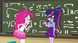 Size: 1920x1080 | Tagged: safe, screencap, pinkie pie, sci-twi, twilight sparkle, equestria girls, g4, my little pony equestria girls: better together, schedule swap, canterlot high, chalkboard, classroom, clothes, geode of sugar bombs, geode of telekinesis, magical geodes, ponytail, sci-twi skirt, skirt, written equestrian