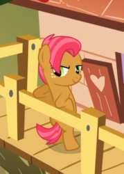 Size: 447x625 | Tagged: safe, screencap, babs seed, pony, g4, one bad apple, bipedal, bipedal leaning, clubhouse, cool, cropped, crusaders clubhouse, female, leaning, leaning back, smiling, smirk, solo