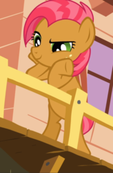 Size: 617x938 | Tagged: safe, screencap, babs seed, pony, g4, one bad apple, balcony, bipedal, bipedal leaning, clubhouse, cropped, crusaders clubhouse, female, filly, freckles, hooves on cheeks, leaning, raised eyebrow, smiling, smirk, solo